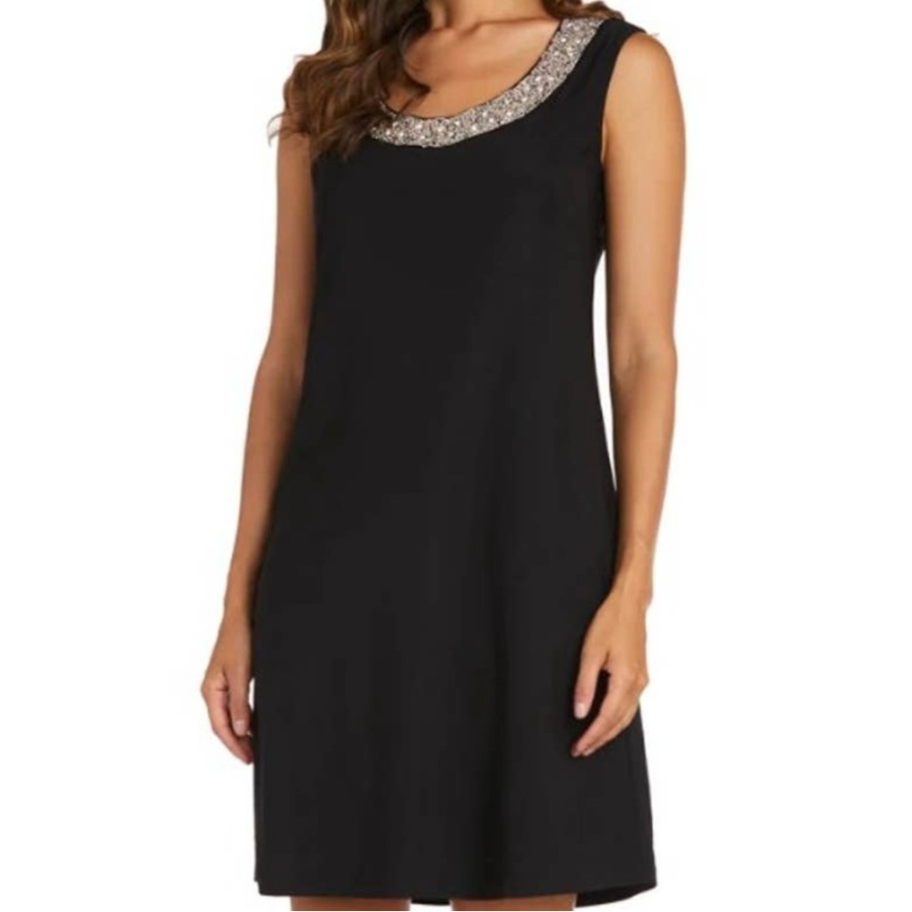 R&M Richards Black Silver Dress w/ Beaded Neckline Sleeveless Shift NWT Size 18